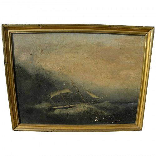 American circa 1870's marine painting of clipper ship in storm, as-is condition