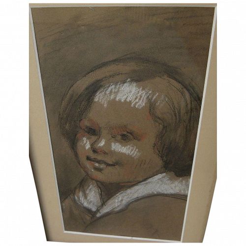 Vintage mixed media drawing of a young boy