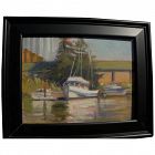 American impressionist painting of small boats at a dock