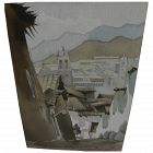 Vintage 1980 watercolor painting of Cusco Peru scene with figures and church