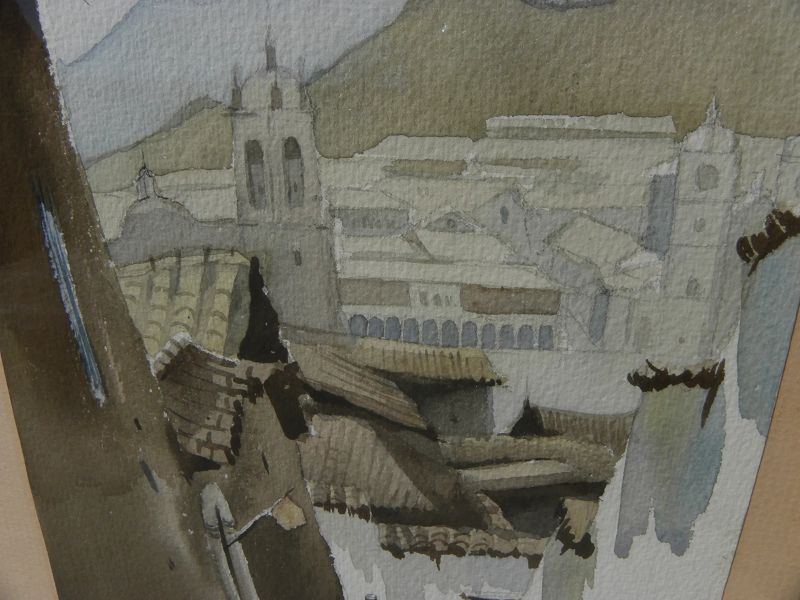 Vintage 1980 watercolor painting of Cusco Peru scene with figures and church