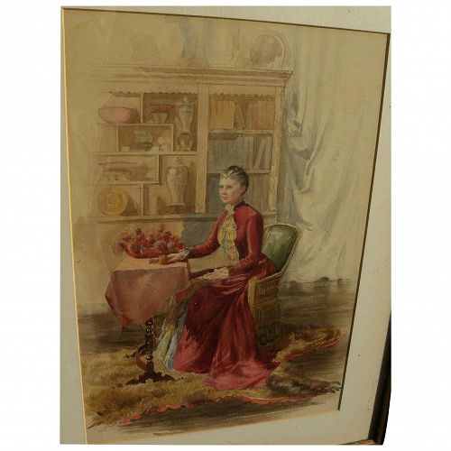 American late 19th century fine unsigned watercolor of a lady in her parlor