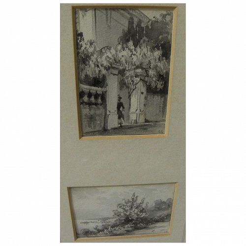 Pair small old  grisaille watercolor drawings of home gateway and coastal landscape