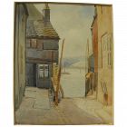 Antique possibly European watercolor painting of old buildings near the sea
