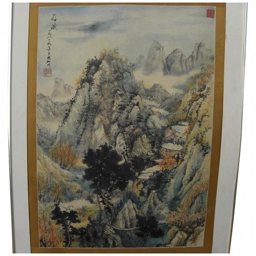 Chinese signed large 1980 panel watercolor painting of classical landscape