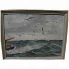 Signed American seascape painting with gulls 1951