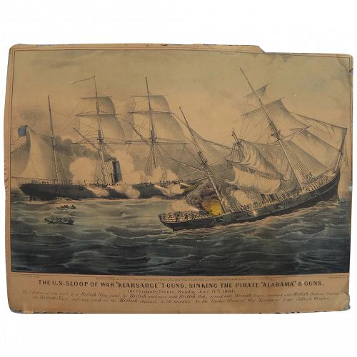 CURRIER & IVES original 19th century lithograph print "The U.S. Sloop of War Kearsarge 7 Guns...""