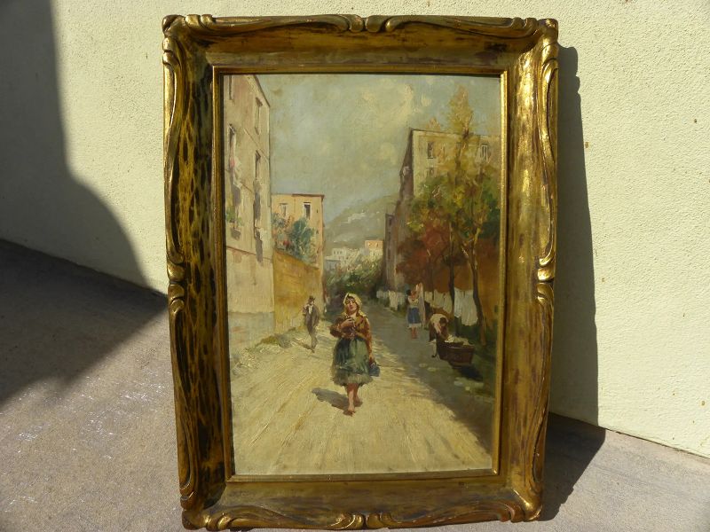 LAZZARO PASINI (1861-1949) vintage oil painting of sunny southern Italian street scene