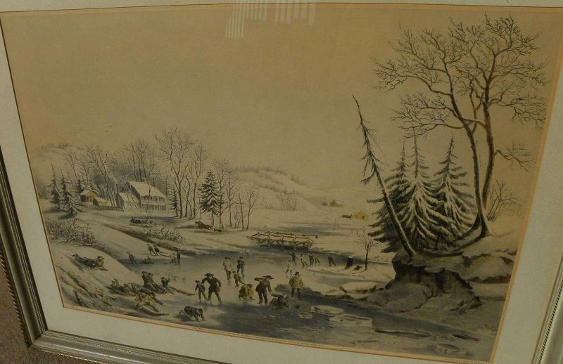 CURRIER &amp; IVES 1940's restrike print of popular &quot;American Winter Scenes&quot; ice skating