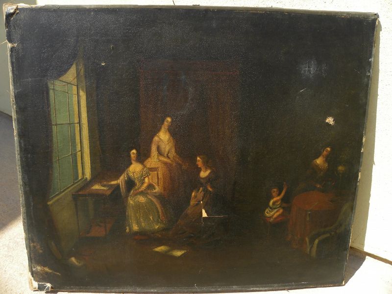 Circa 1835 English or Northern European painting elegant ladies in an interior