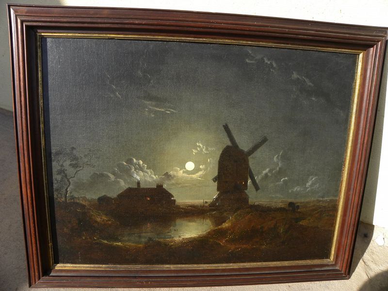 Early 19th century Dutch painting windmill landscape by moonlight