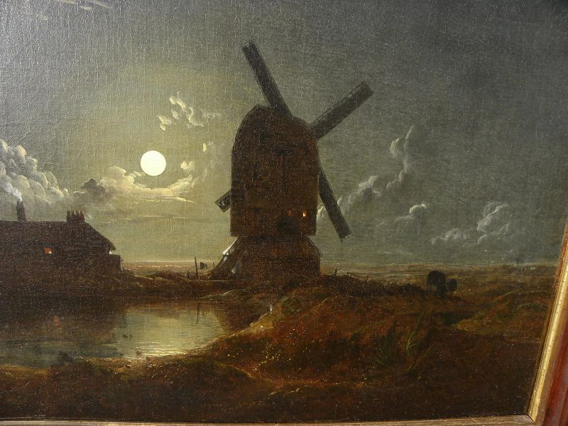Early 19th century Dutch painting windmill landscape by moonlight