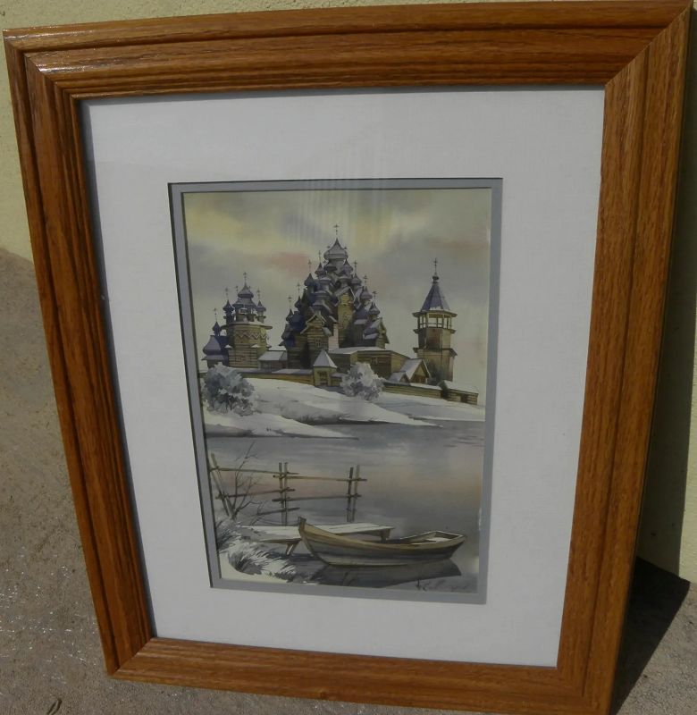 Russian signed contemporary watercolor painting of Orthodox church in winter landscape