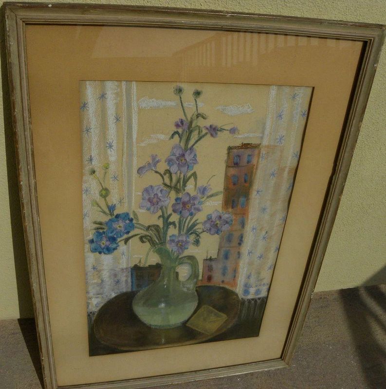 American circa 1940's pastel drawing of window ledge still life possibly signed