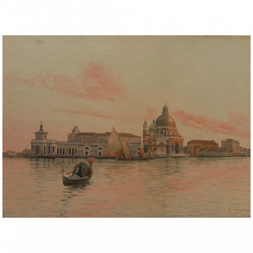 GUIDO AGOSTINI (1870-1898) Italian 19th century detailed watercolor painting of Venice and the lagoon
