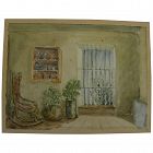 Vintage watercolor painting of Southwestern style interior