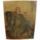 Circa 1920 painting of Sir Arthur Conan Doyle in an interior with his dog Paddy