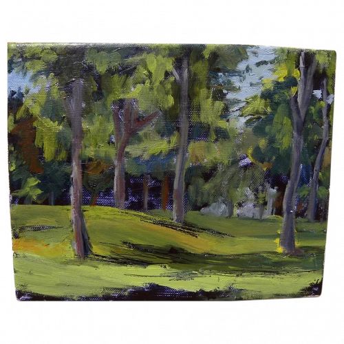 Impressionist contemporary painting of a knoll among trees