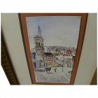 Greek watercolor painting of picturesque town scene signed