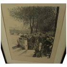 Circa 1890's unsigned lithograph print Paris bookstalls along the Seine