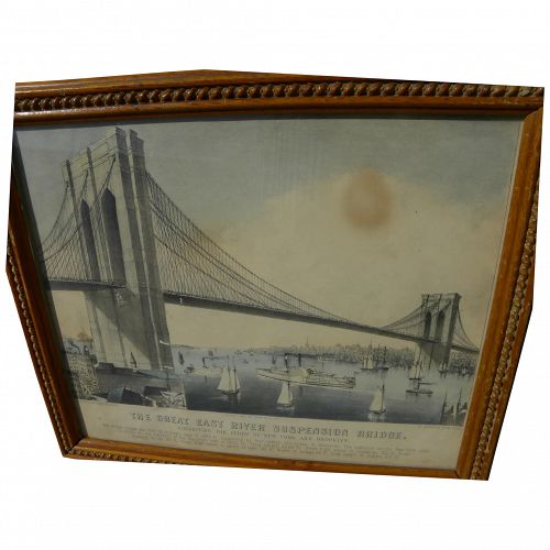 CURRIER & IVES original 19th century lithograph print "The Great East River Suspension Bridge" 1881