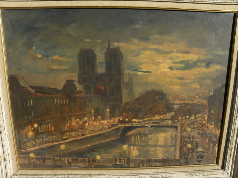 Circa 1950 signed impressionist central Paris scene with Notre Dame and figures