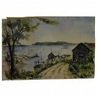 Watercolor painting of New England harbor signed