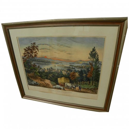 Rare Currier and Ives hand colored original large folio lithograph print "Lake Winnipiseogee from Centre Harbor, N.H."