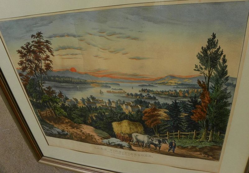 Rare Currier and Ives hand colored original large folio lithograph print &quot;Lake Winnipiseogee from Centre Harbor, N.H.&quot;