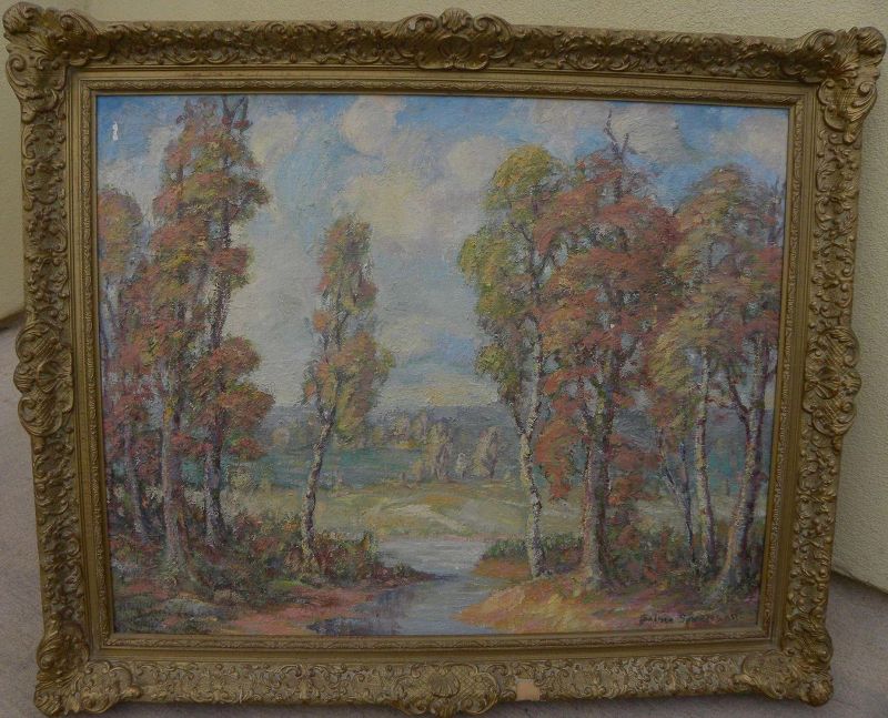 American vintage signed impressionist autumn landscape painting signed