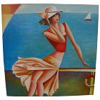 Whimsical painting on canvas of flirty young woman in sundress by the seashore