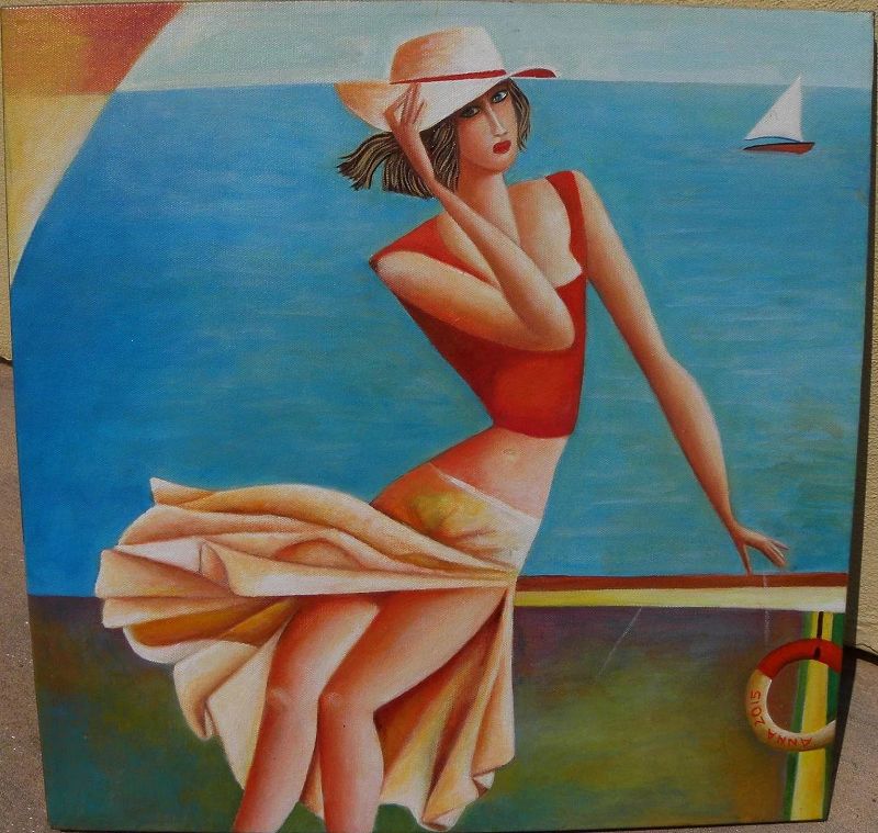 Whimsical painting on canvas of flirty young woman in sundress by the seashore