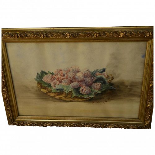 Watercolor still life painting of raspberries in a basket signed and dated 1895