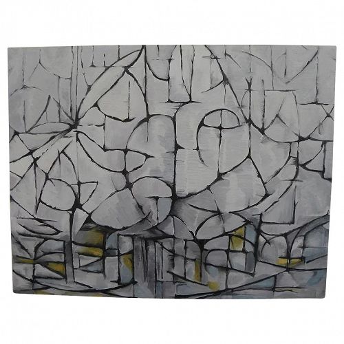 Elegant circa 1980 white/gray/black abstract painting with cubist look