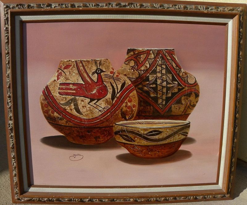 Contemporary signed Southwestern American painting of New Mexico pottery