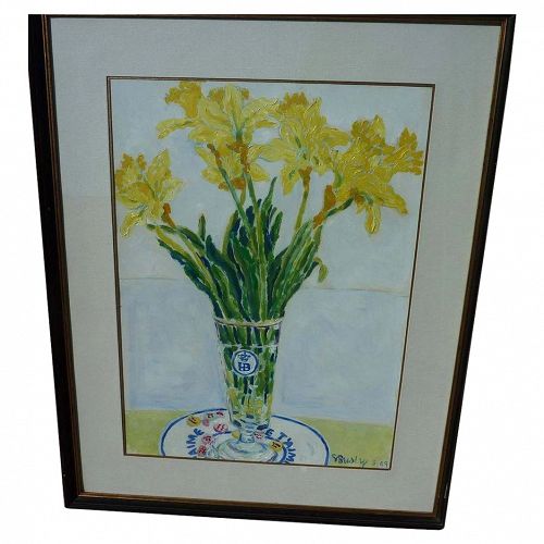 Contemporary signed oil on paper painting of daffodils in a vase