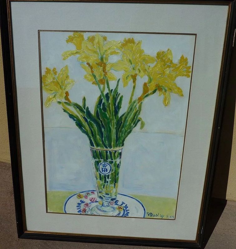 Contemporary signed oil on paper painting of daffodils in a vase