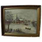 Folk art Americana primitive painting of a winter scene with horse drawn sleigh‏