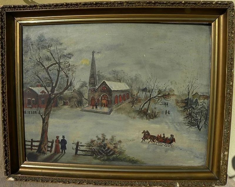 Folk art Americana primitive painting of a winter scene with horse drawn sleigh‏