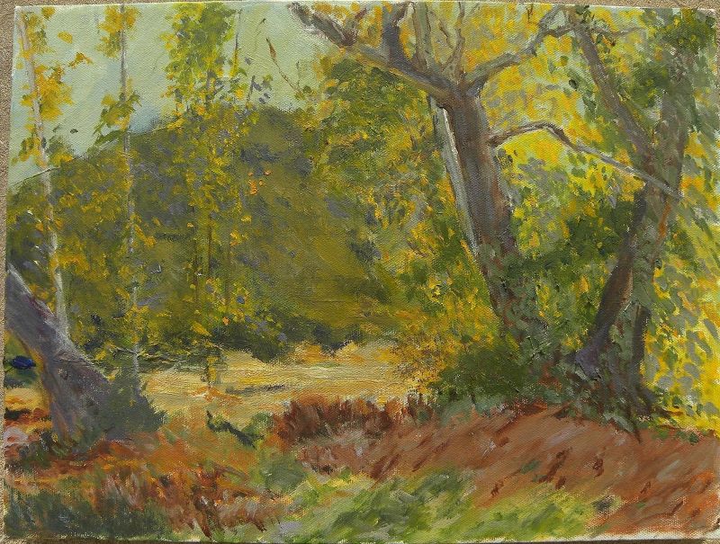 Contemporary American impressionist painting of early autumn landscape