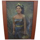 Vintage Filipino or Indonesian painting of young woman with fan