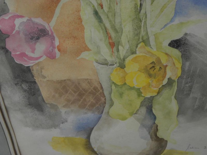 JULIAN E. LEVI (1900-1982) modernist watercolor still life painting of tulips in a vase