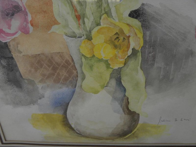 JULIAN E. LEVI (1900-1982) modernist watercolor still life painting of tulips in a vase