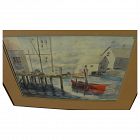 Watercolor painting of New England harbor signed J. Stephenson