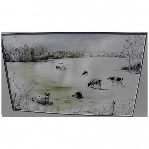 Watercolor painting of cows in a field signed Sam Smith