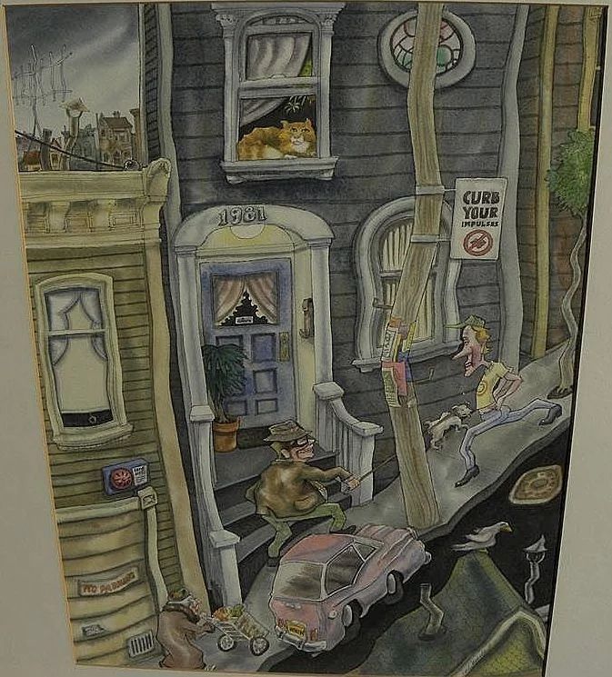 CARL MUECKE detailed ink and watercolor satirical drawing by noted Northern California social commentary artist