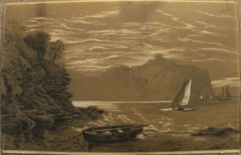 English mid 19th century drawing of boats along a dramatic coast‏