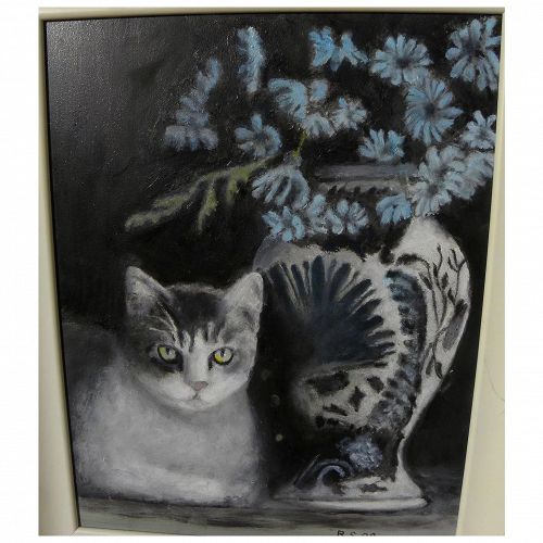 Cat art contemporary painting of tabby with still life dated 2008