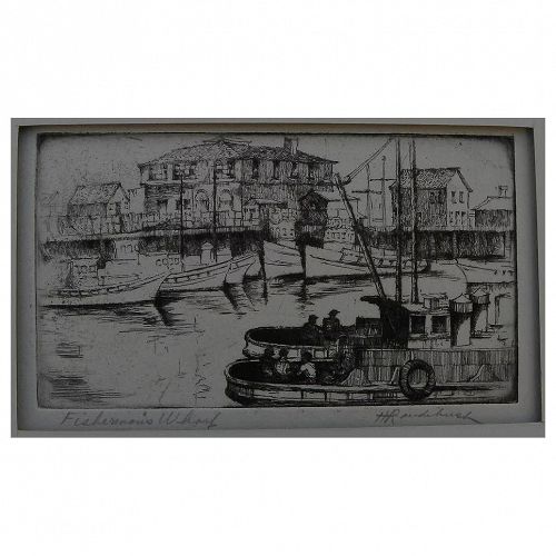HARRIET GENE ROUDEBUSH (1908-1998) pencil signed etching "Fisherman's Wharf" by listed San Francisco artist
