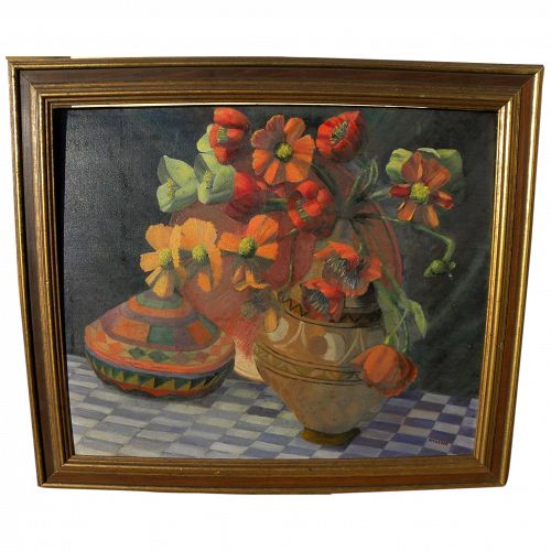 Vintage signed Southwest influenced floral and pottery still life painting